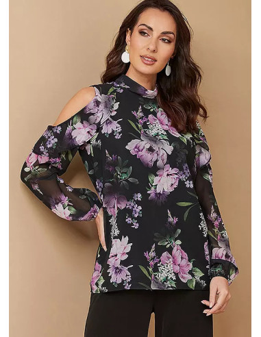 Together Occasion Dark Floral Printed Cold Shoulder Top