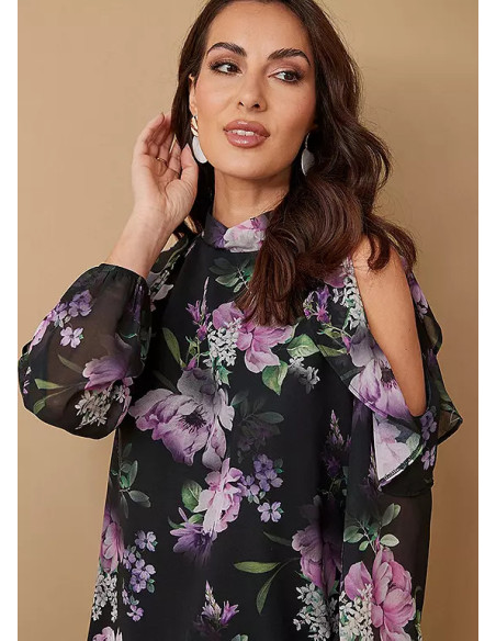 Together Occasion Dark Floral Printed Cold Shoulder Top