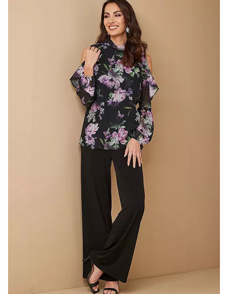 Together Occasion Dark Floral Printed Cold Shoulder Top