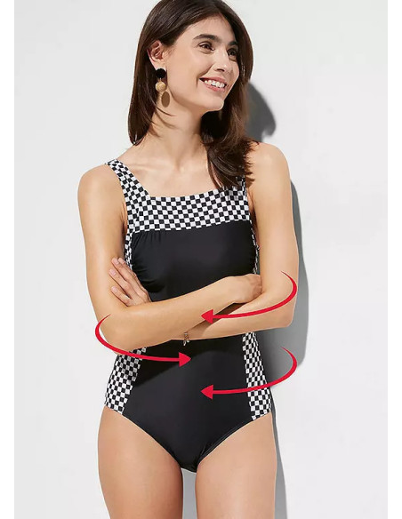 bonprix Black Chequered Print Shaper Plus Size Swimsuit