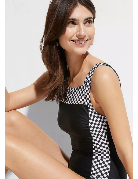 bonprix Black Chequered Print Shaper Plus Size Swimsuit