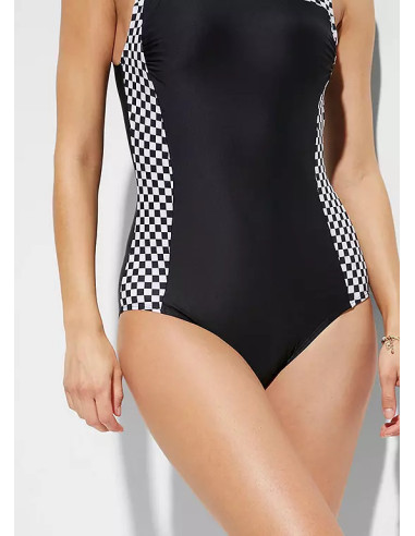 bonprix Black Chequered Print Shaper Plus Size Swimsuit