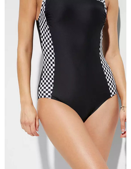 bonprix Black Chequered Print Shaper Plus Size Swimsuit