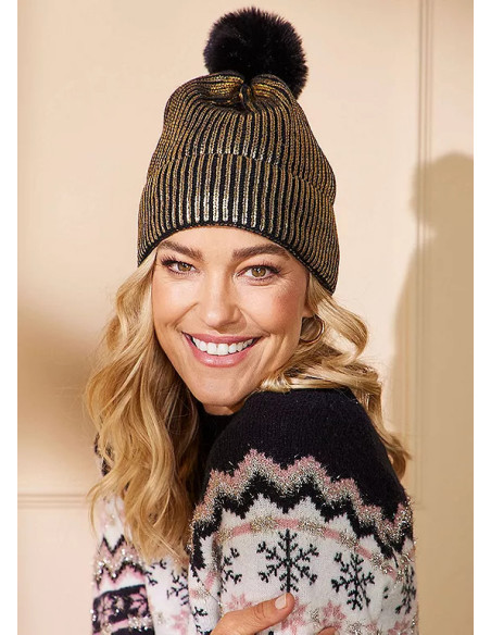 Kaleidoscope Black & Gold Foil Print Winter Hat