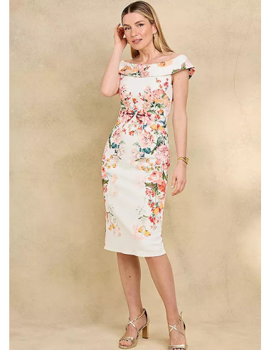 Kaleidoscope Floral Print Bardot Placement Scuba Dress