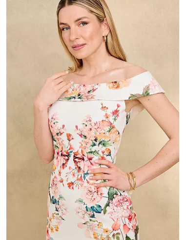 Kaleidoscope Floral Print Bardot Placement Scuba Dress