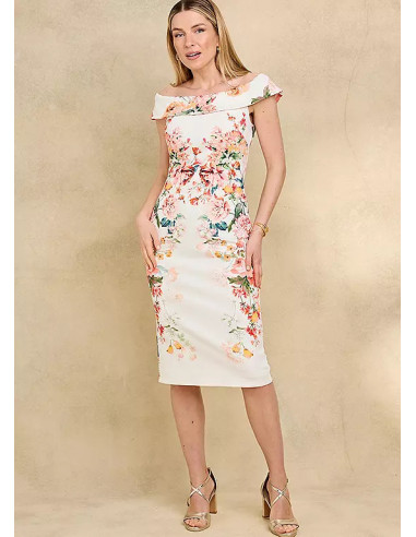 Kaleidoscope Floral Print Bardot Placement Scuba Dress