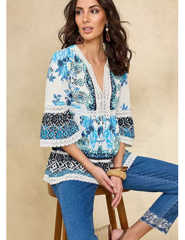 Together Blue Floral Border Print Blouse