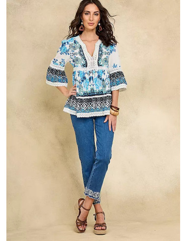 Together Blue Floral Border Print Blouse