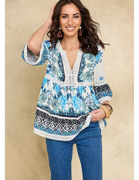 Together Blue Floral Border Print Blouse