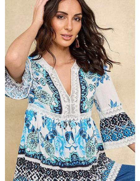 Together Blue Floral Border Print Blouse