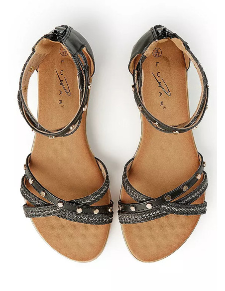 Lunar Exclusive Black Stud Braided Ankle Strap Flat Sandals