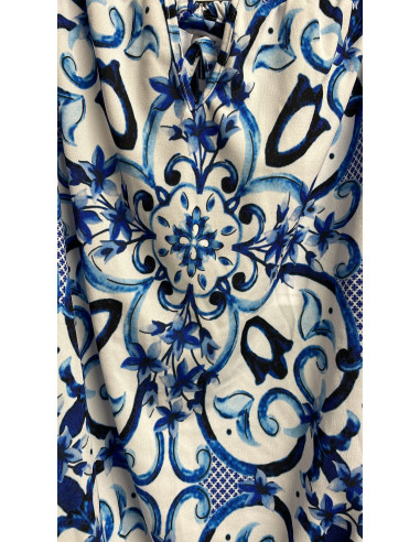 Kaleidoscope Blue & White Cuffed Chiffon Top