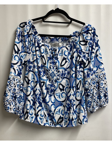 Kaleidoscope Blue & White Cuffed Chiffon Top